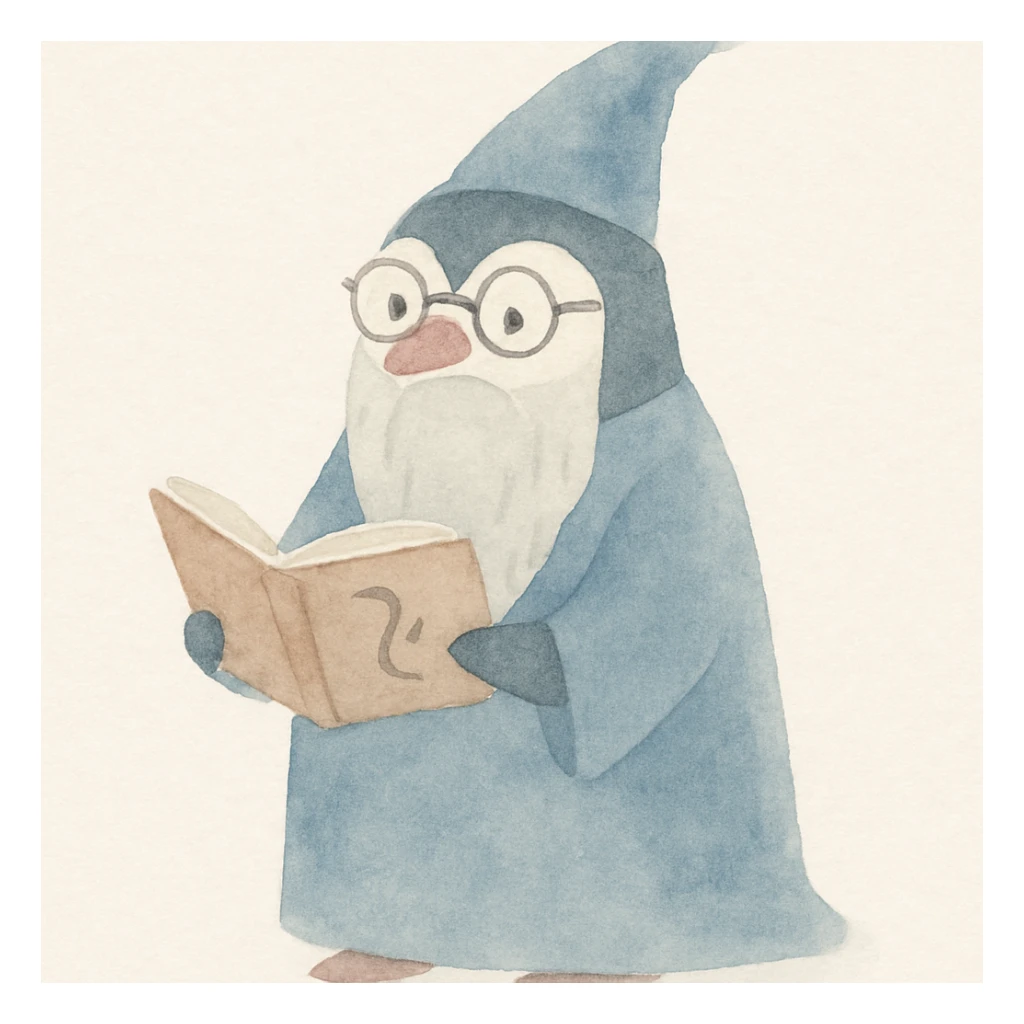 a wise penguin wizard with glasses, a long beard, and a blue robe, holding an open spellbook, soft storybook style sticker
