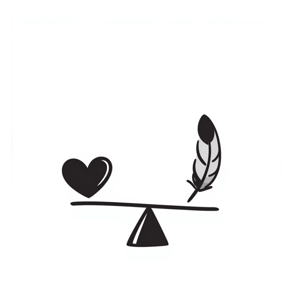 A simple scale balancing a feather and a heart, representing emotional balance and lightness. Hand-drawn doodle style. sticker