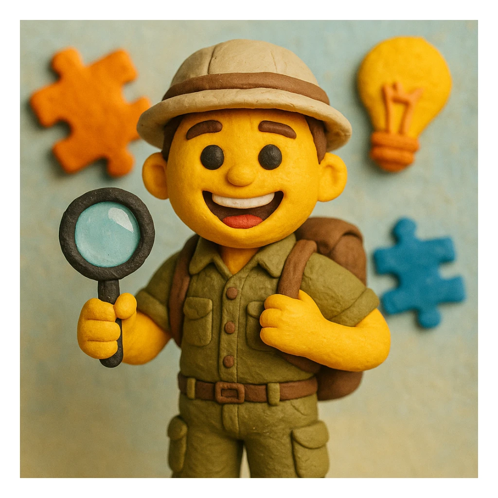 Create a realistic emoji character named Master Hunt. He is a young adult with short brown hair, wearing a casual explorer outfit that includes a button-up shirt and cargo pants. He has a backpack and a safari hat. In one hand, he holds a magnifying glass, and he has an enthusiastic smile on his face. The background should be light and vibrant, incorporating elements like light bulbs and puzzle pieces to symbolize creativity and a positive work culture. sticker