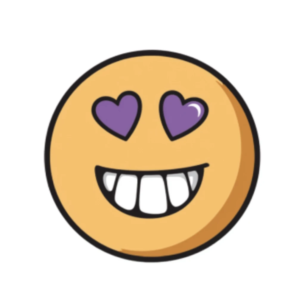 hand-drawn brown emoji face with purple heart eyes, smiling with a front tooth gap and a gold tooth on the side sticker
