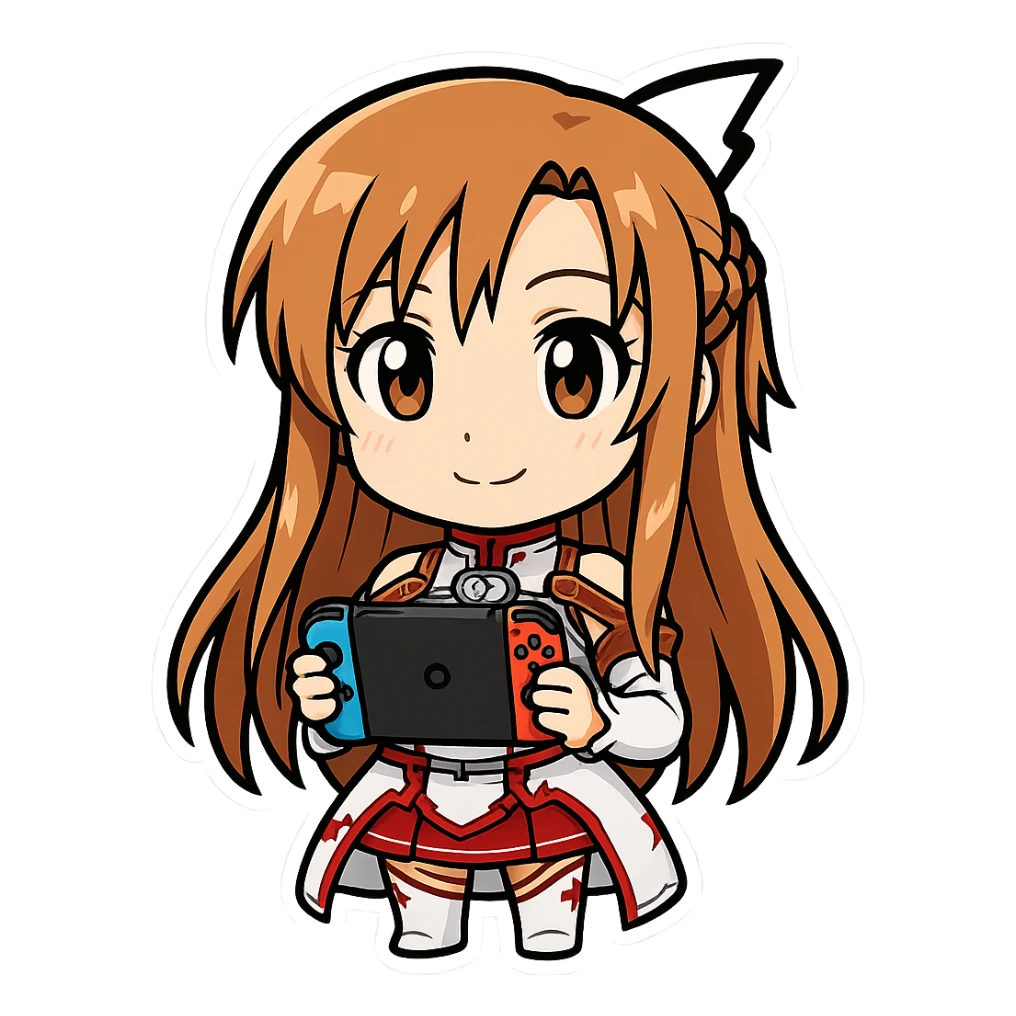 Make the character look more like Asuna from Sword Art Online, holding a video game. The style should be cartoonish sticker style with no background. Keep the cartoonish sticker look in the general style editor. sticker