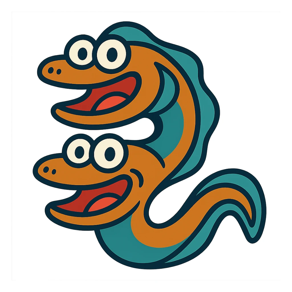 an eel with two mouths, cartoon style, vibrant colors, playful expression sticker