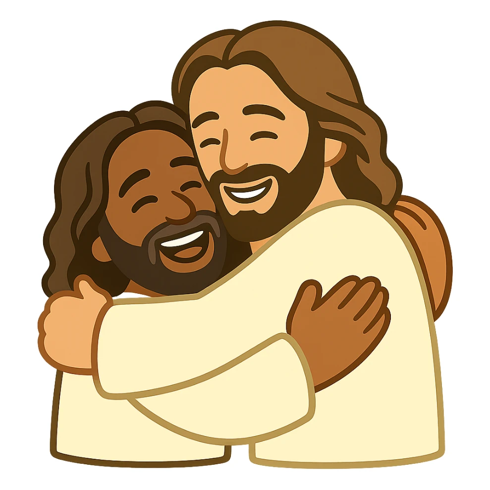 Edit the image of Jesus hugging a person in a basic emoji style with flat colors and outlined shapes. Both characters should have cheerful expressions. The background should be transparent. The style should resemble simple emoji art with clear outlines and flat colors. sticker