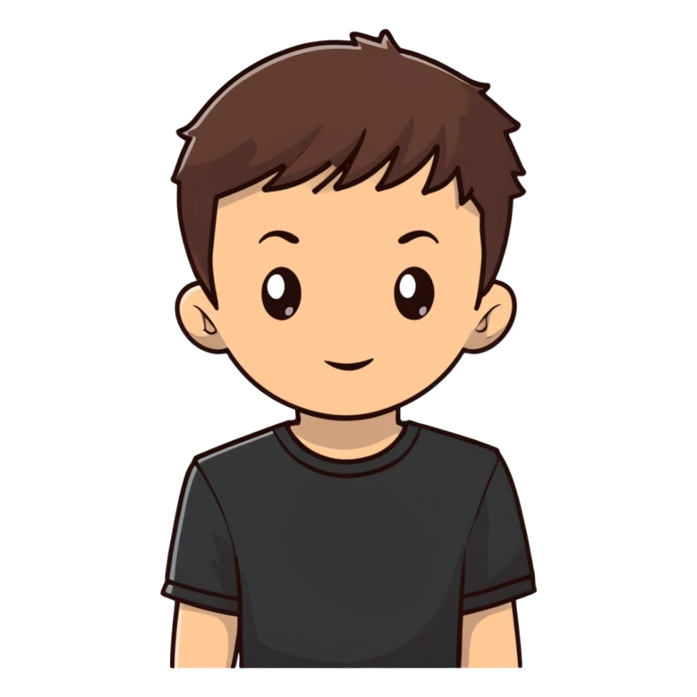boy with straight short brunette hair brown eyes black tshirt on and tree behind sticker