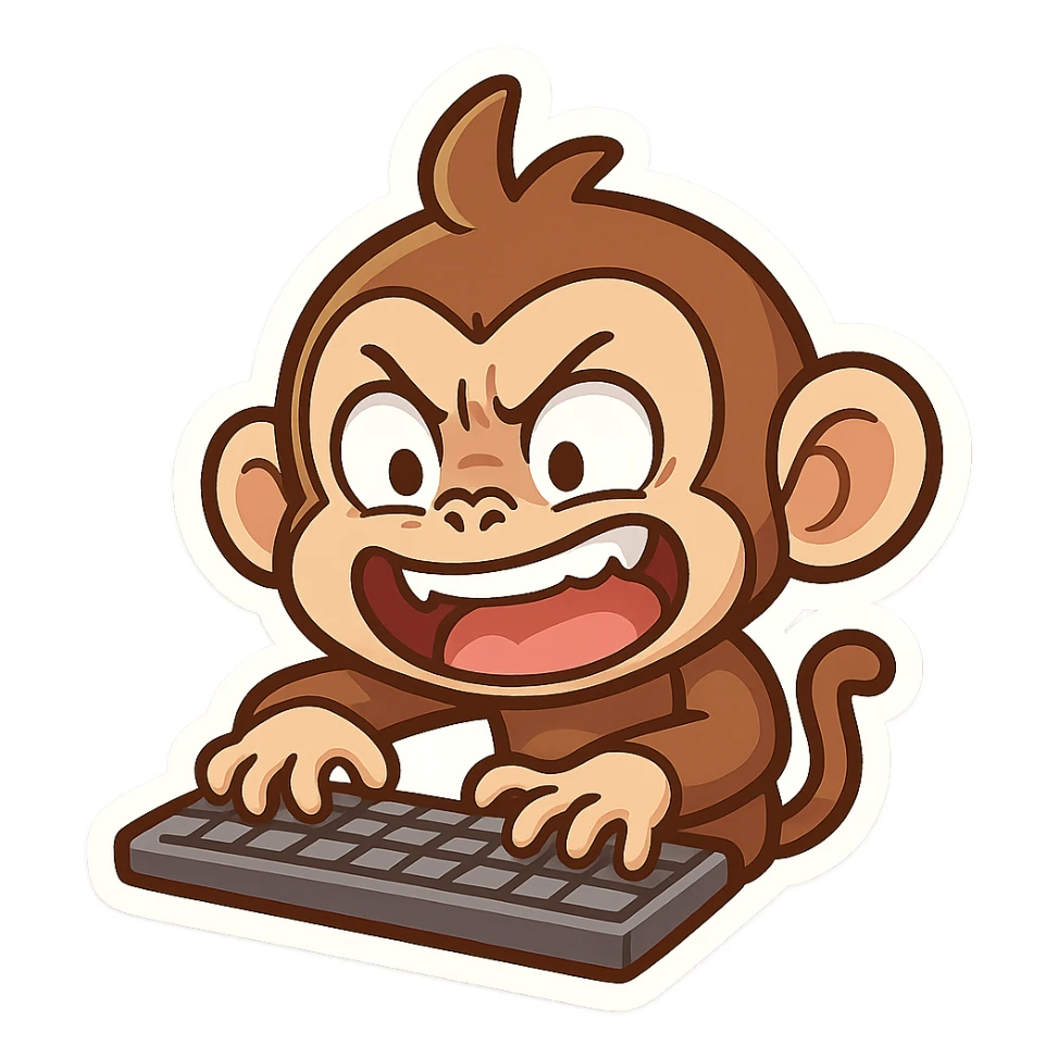 funny style monkey crazily typing on computer keyboard with both hands, exaggerated expression sticker