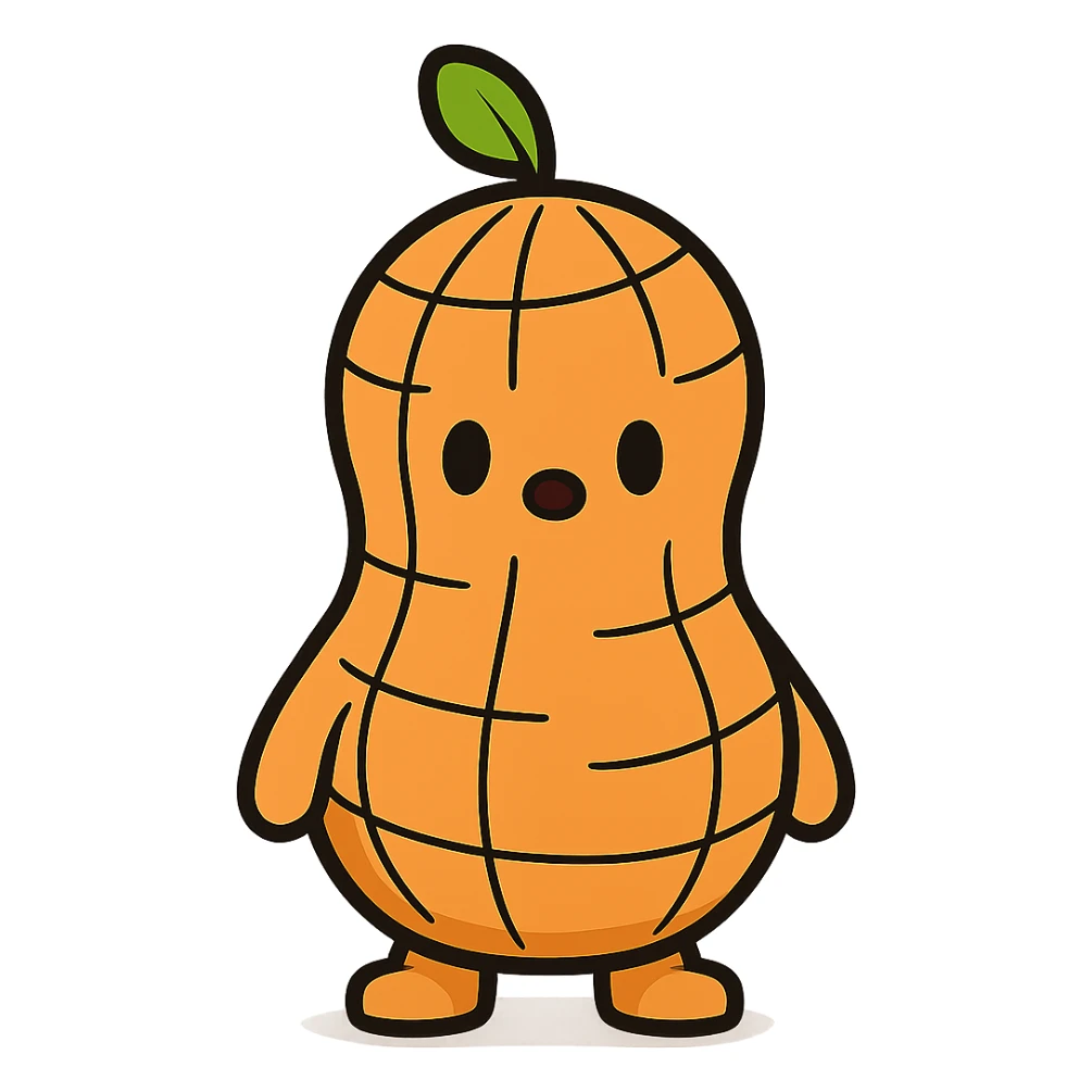 Change the peanut shell to a cartoon-style shell, keep the 3D peanut character cute and with no facial expression, maintain transparent background. The style should resemble a cartoon with clear, simple lines and vibrant colors for the shell, while preserving the 3D look of the peanut character. sticker