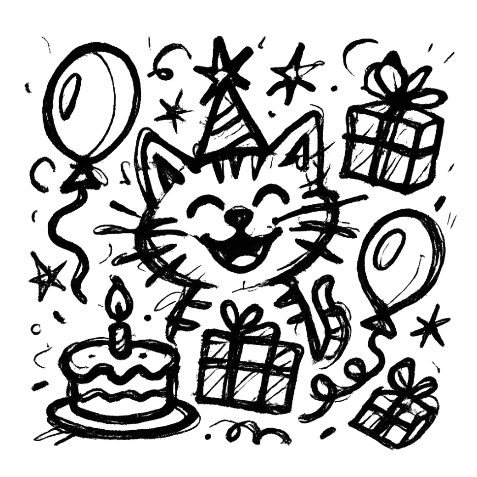 chaotic outlined icon of a ginger tabby kitten wearing a birthday hat, surrounded by a birthday cake, balloons, gifts, and a happy expression sticker