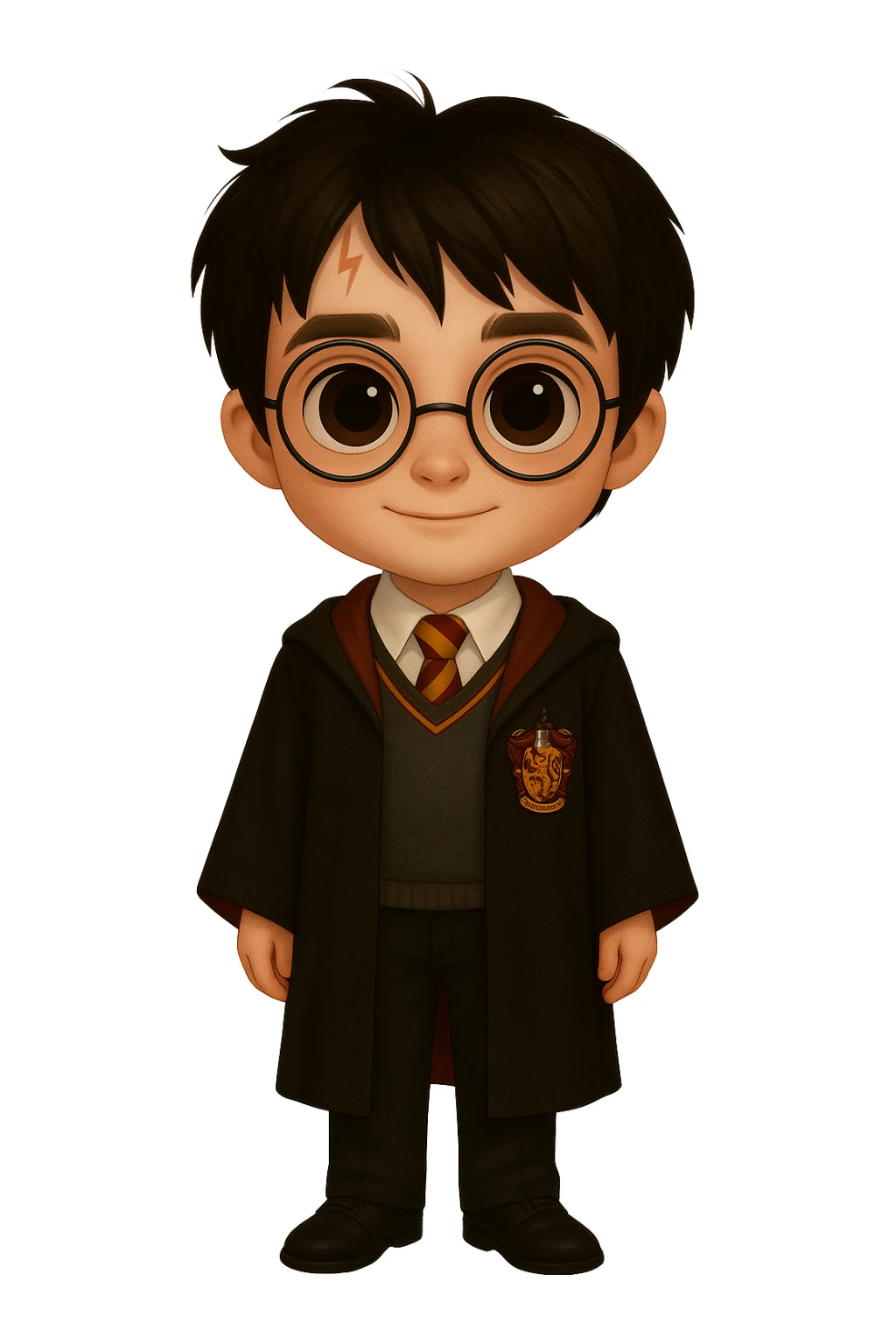 Create a full-body standing Harry Potter wearing the traditional Gryffindor uniform, with round glasses, a scar on the forehead, and large eyes, in the same visual style and proportion as the provided reference images. sticker