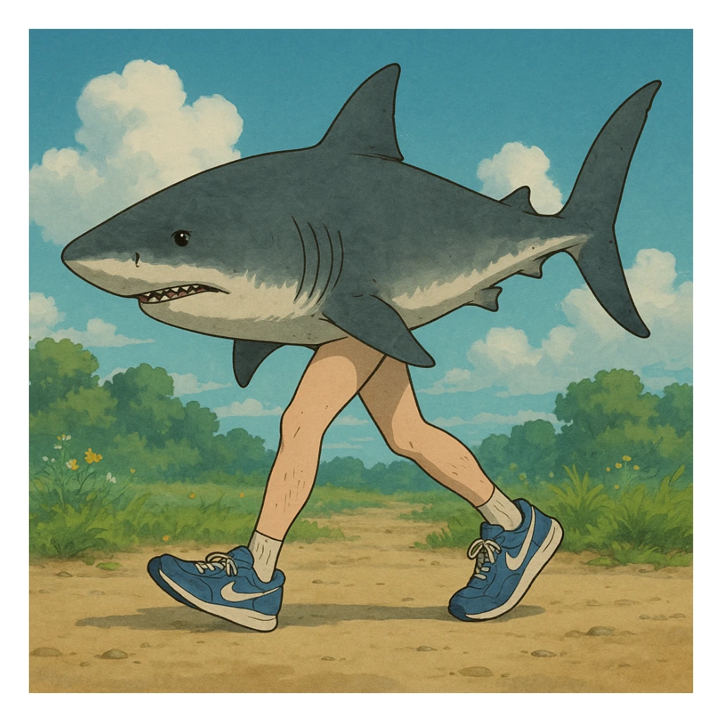realistic shark with human legs wearing blue Nike sneakers, ghibli style sticker
