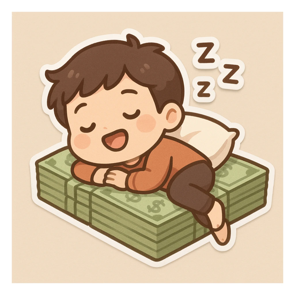 happy person napping on mattress of money sticker