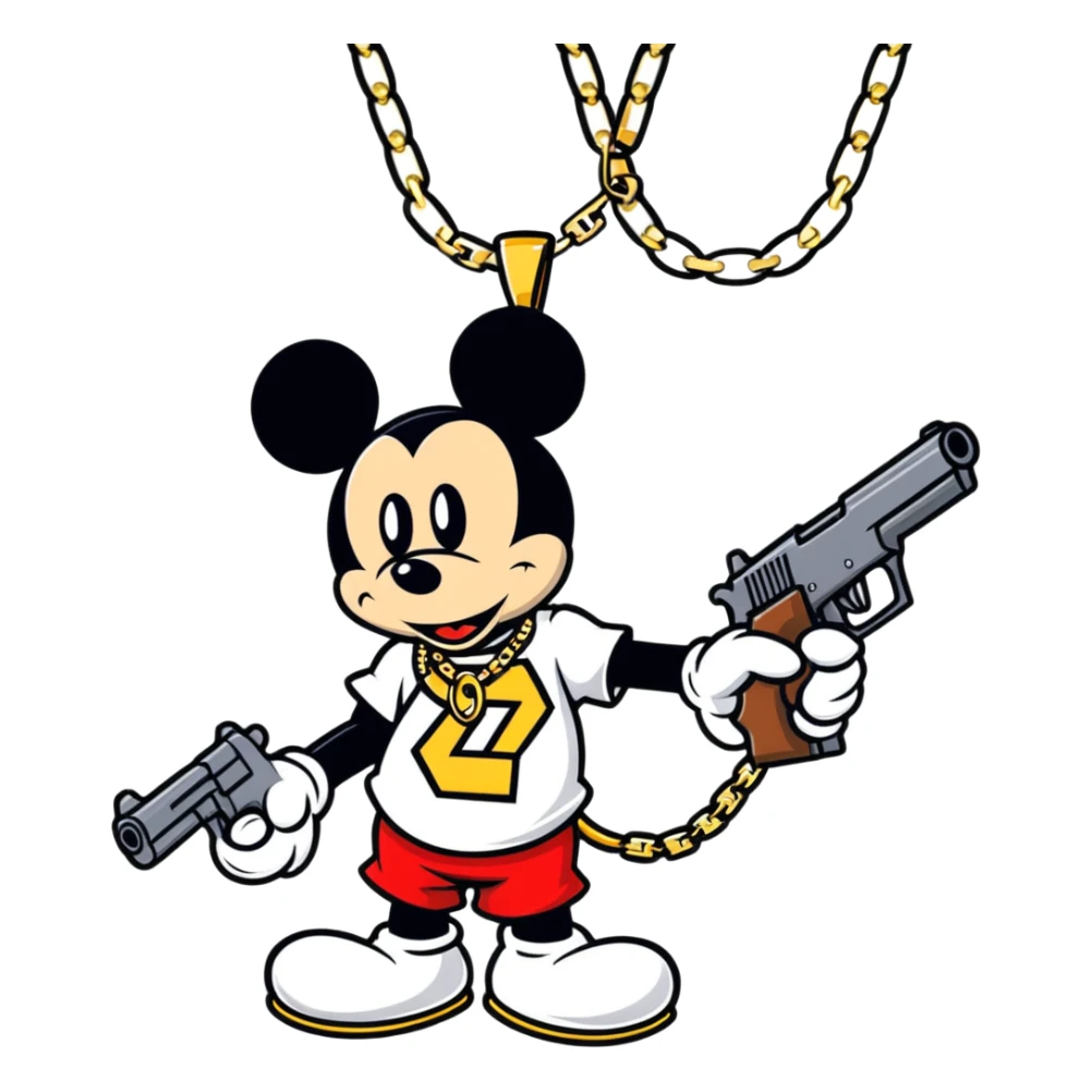 Ghetto Mickey Mouse with gold chain necklace on and gun sticker