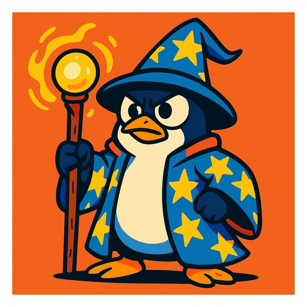a heroic penguin wizard with a starry robe and staff, looking determined, in a bold, graphic style, colorful cartoon sticker