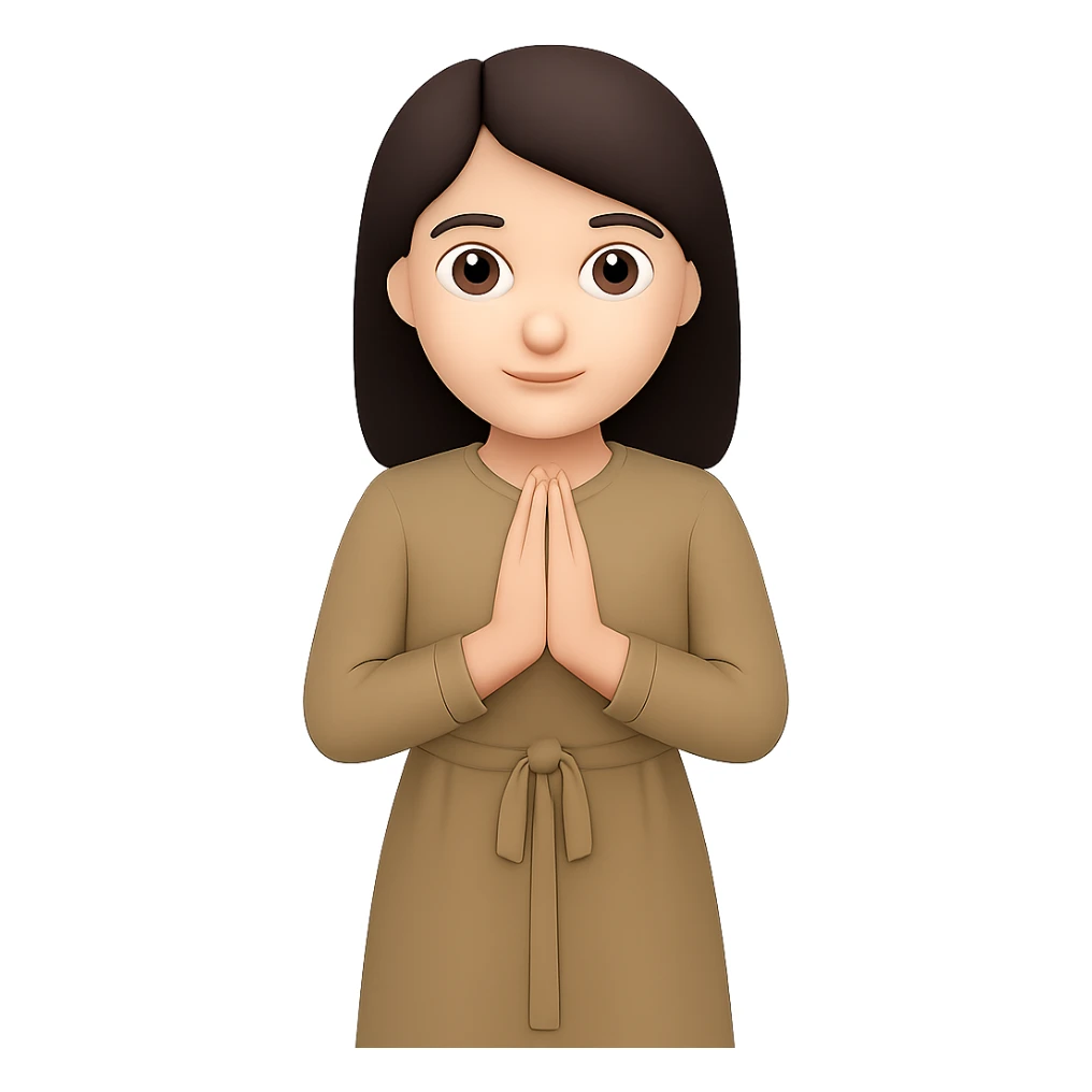 Create a variation of a woman standing and praying from the front view, wearing a long tan dress, with dark brown hair, in the style of emoji. Remove the background. sticker