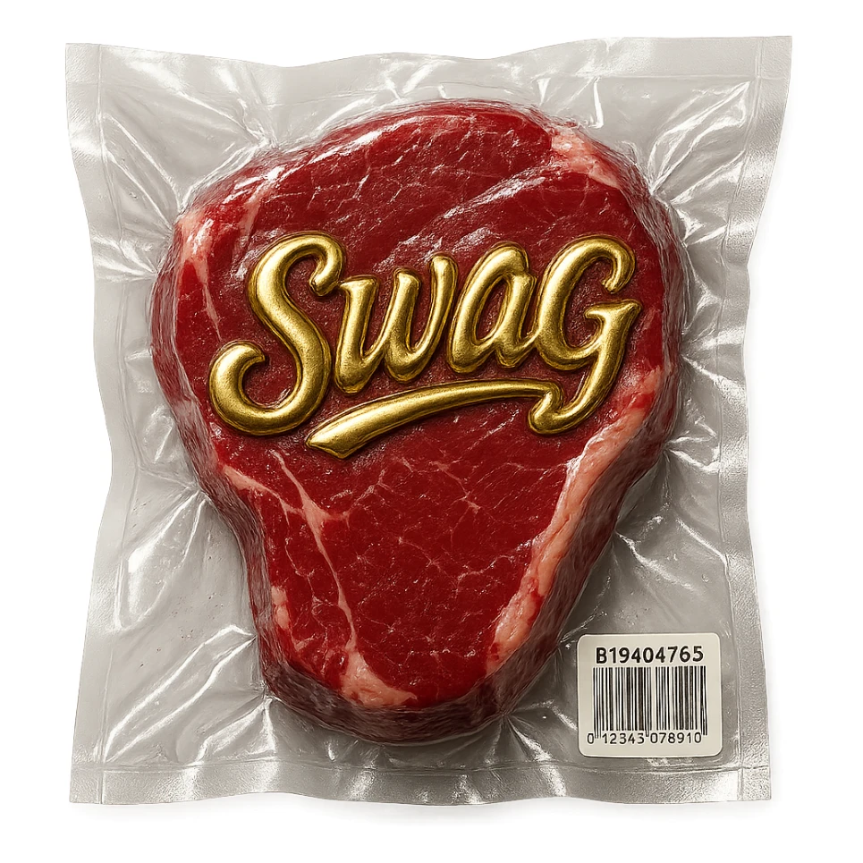 steak with gold cursive 'SWAG' lettering, shiny and inflated sticker