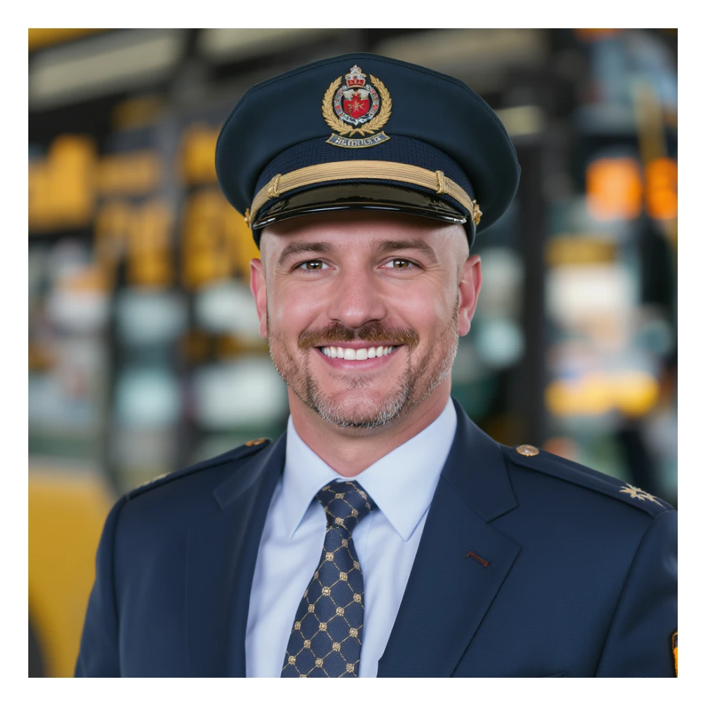professional bus driver, wearing uniform, smiling, simple background sticker
