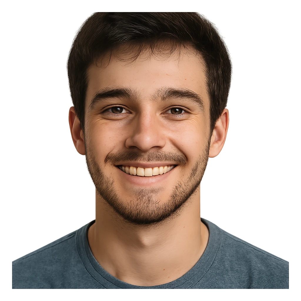 19-year-old boy with light beard and lightly grown mustache, happy expression, portrait, detailed, realistic sticker
