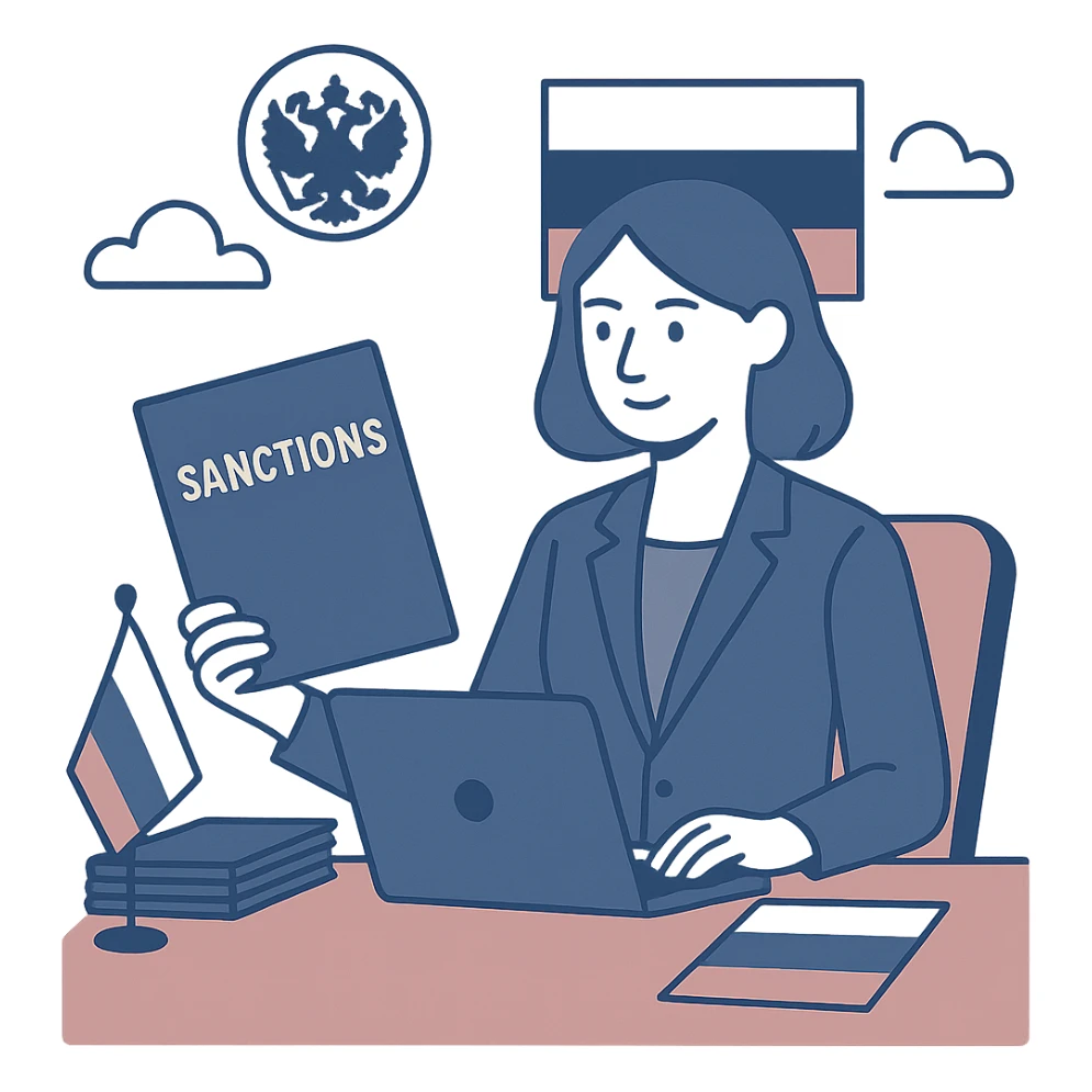 Russian Ministry of Finance employee dealing with sanctions, cool tones, professional attire, calm expression, organized office setting, Russian motifs sticker