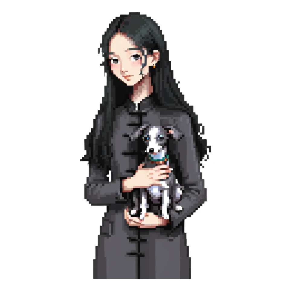 Slim Chinese girl with long black hair holding completely solid grey Italian greyhound with absolutely no white markings anywhere sticker