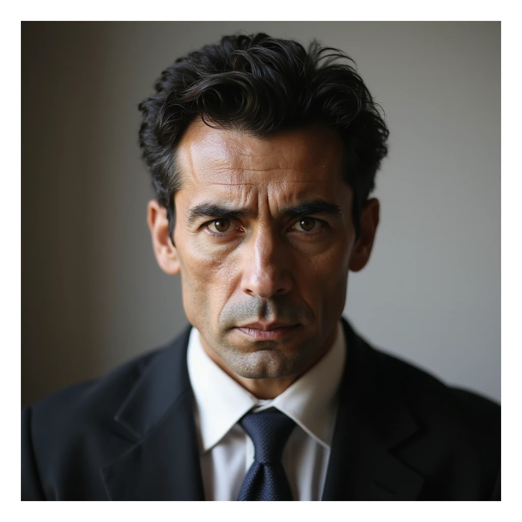 Polat Alemdar, iconic Turkish TV character, serious expression, short dark hair, suit, intense eyes, realistic style, photorealistic portrait sticker