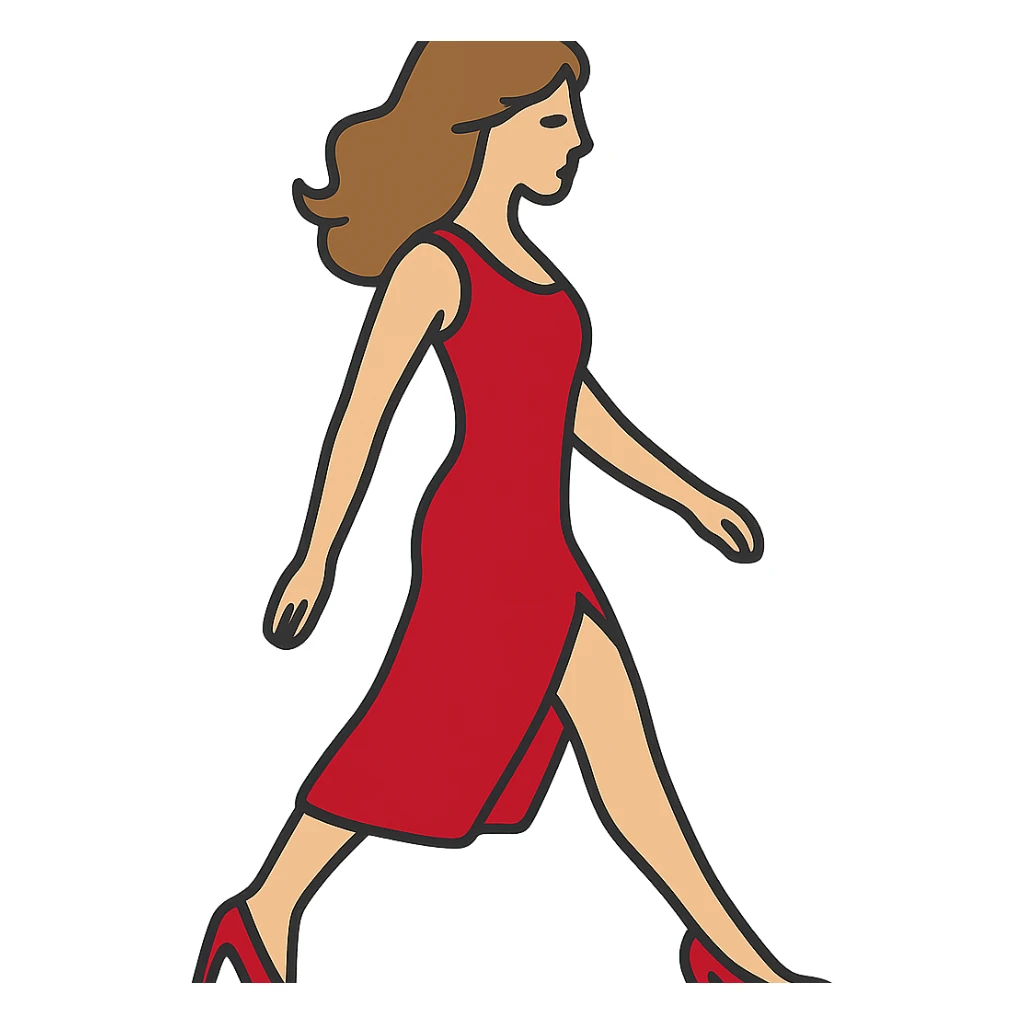 Depict the same girl from the previous reference with the same appearance, hairstyle, red dress, and shoes in the style and color as before, but with the arm and leg positions as shown in the new sketch. Ensure the entire figure is fully in frame without cropping any body parts. Transparent background. sticker