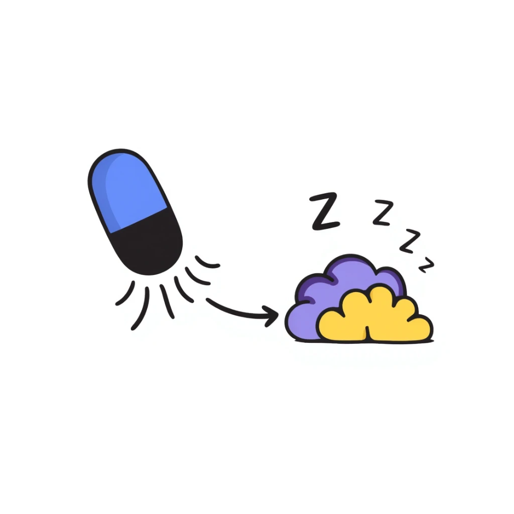 Hand-drawn sedative medication concept: blue pill releasing purple calming waves toward a yellow brain that's gradually turning dark blue (sleeping). Small ZZZ sleep icons floating above. Simple diagram with arrows showing sedative pathway from pill to sleep state. sticker