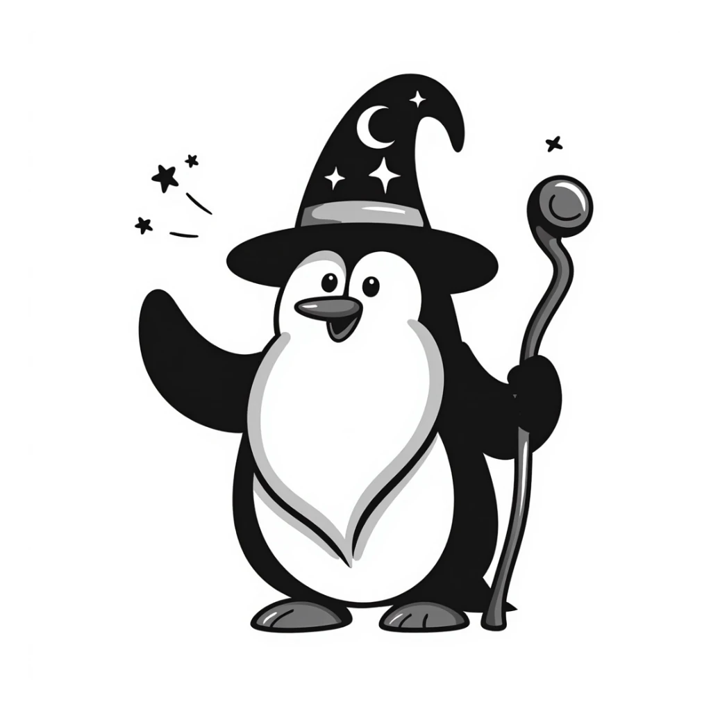 a penguin wizard with a long white beard, pointed hat, and magical staff sticker