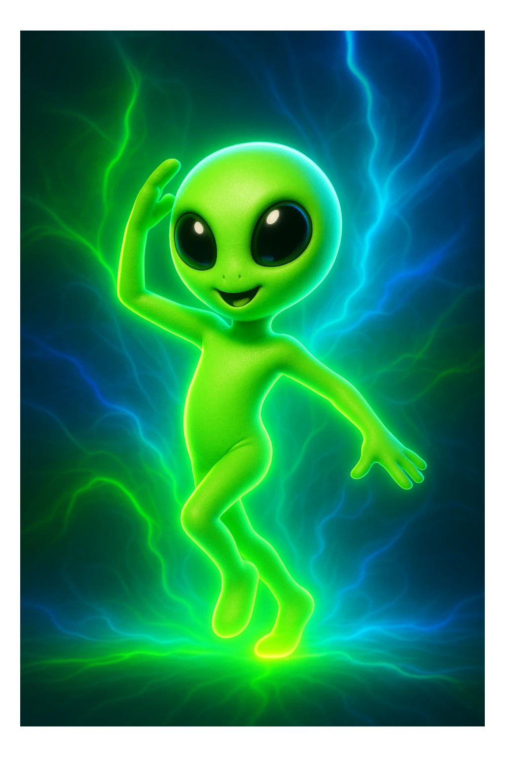An alien dancing in neon green with a 3D effect and glowing background, in a different pose. Focus on the 3D neon green glow and luminous background. sticker