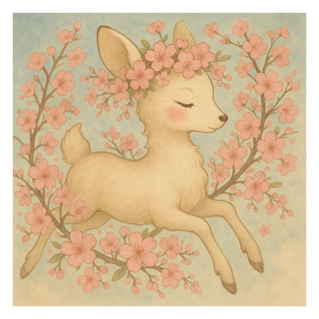 Create a variation with more cherry blossoms for a feminine adult vanilla cloud doe with rosy cheeks and cherry flowers, floating gracefully, in Ghibli style. This is for brand identity and social media use. sticker