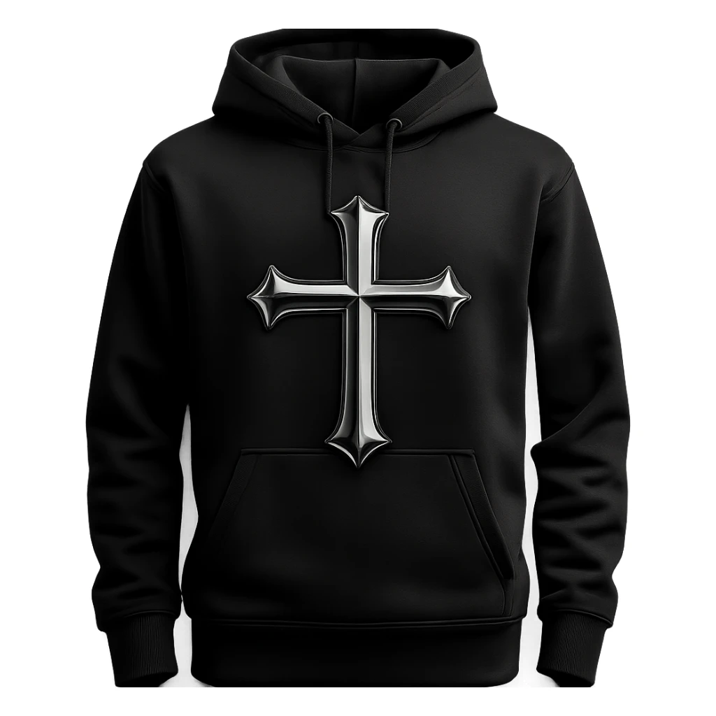 black hoodie featuring a shiny chrome cross design, 3D metallic effect, simple background sticker