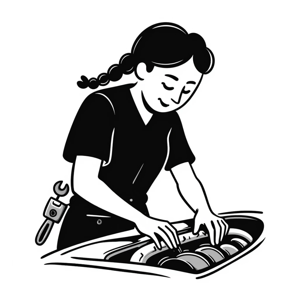 A 40-year-old Latina woman with light brown skin, two braids pulled back, dressed in all black mechanic scrubs, working as an auto mechanic sticker