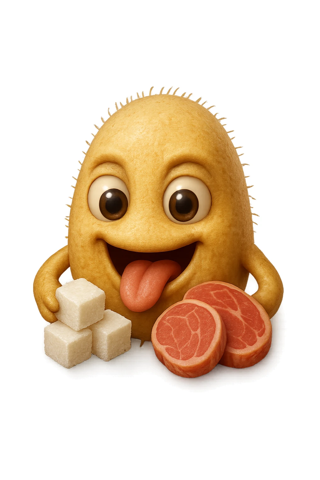 emoji stile iphone realistica di un batterio della candida con espressione affamata che si nutre di zollette di zuccheri e fettine di carne, IPERREALISTICO 4K sticker