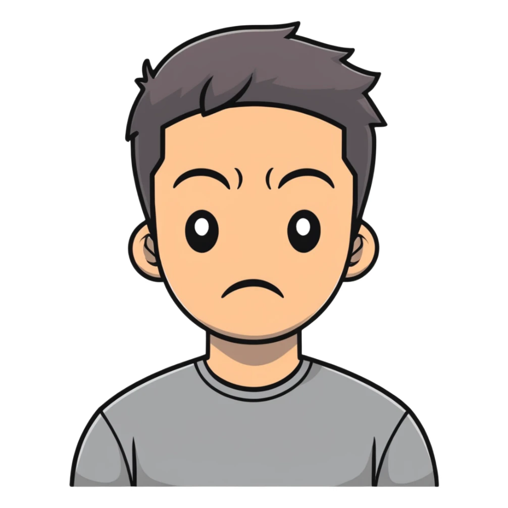Asian man in a gray shirt with a frown sticker