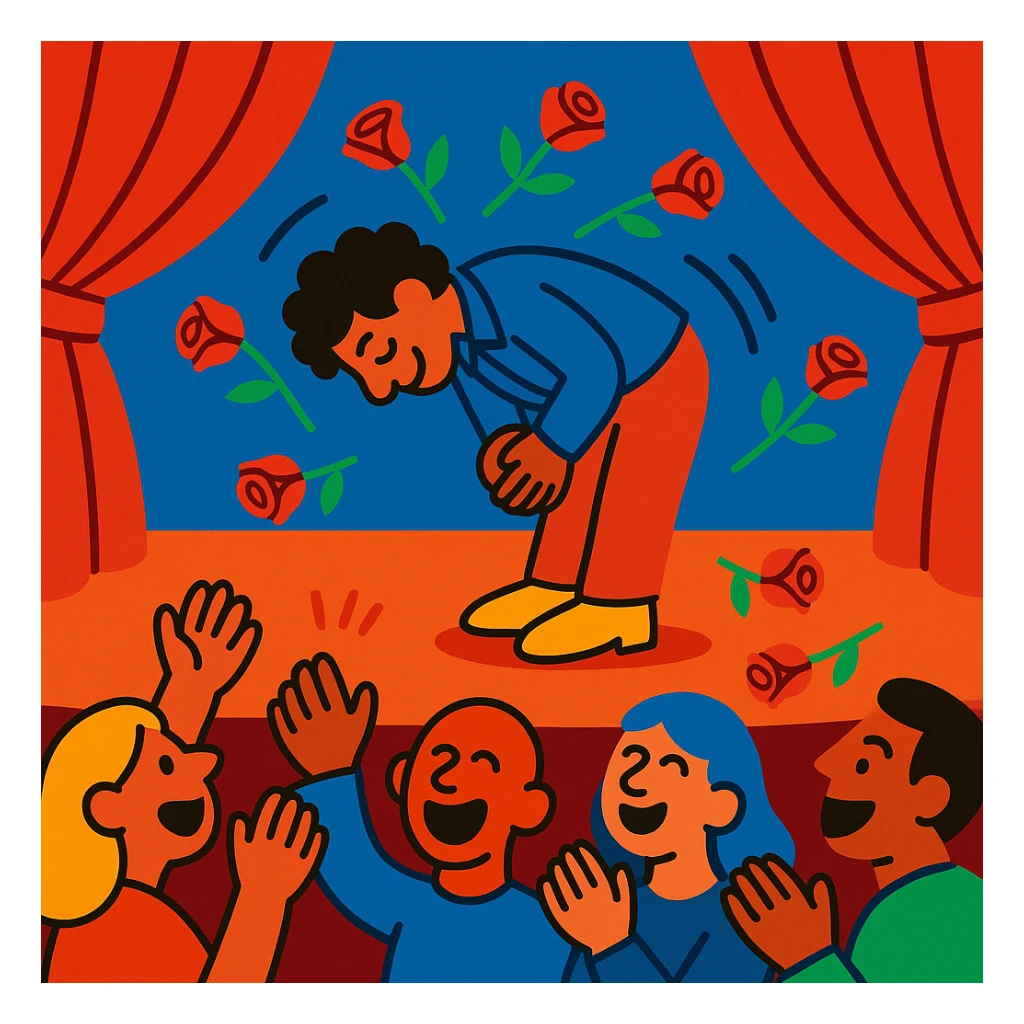 a person bowing on stage for a crowd, roses being thrown at them, clear expressive style sticker