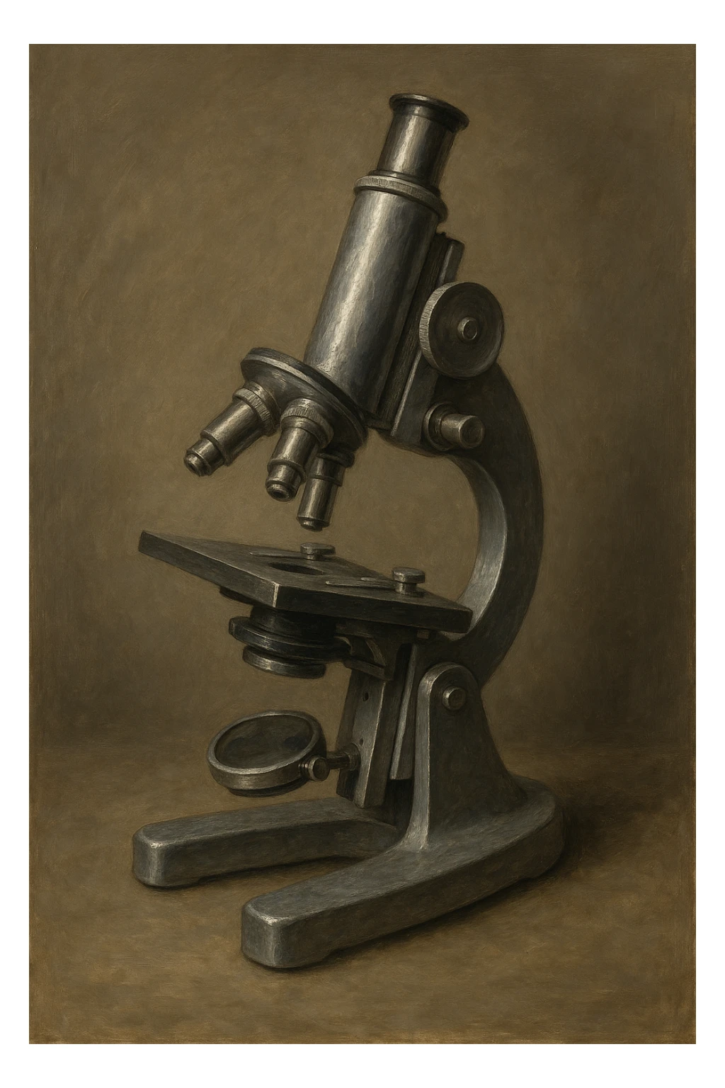 Сгенерируй мне металический микроскоп в стиле реалистичной живописи на однородном фоне sticker