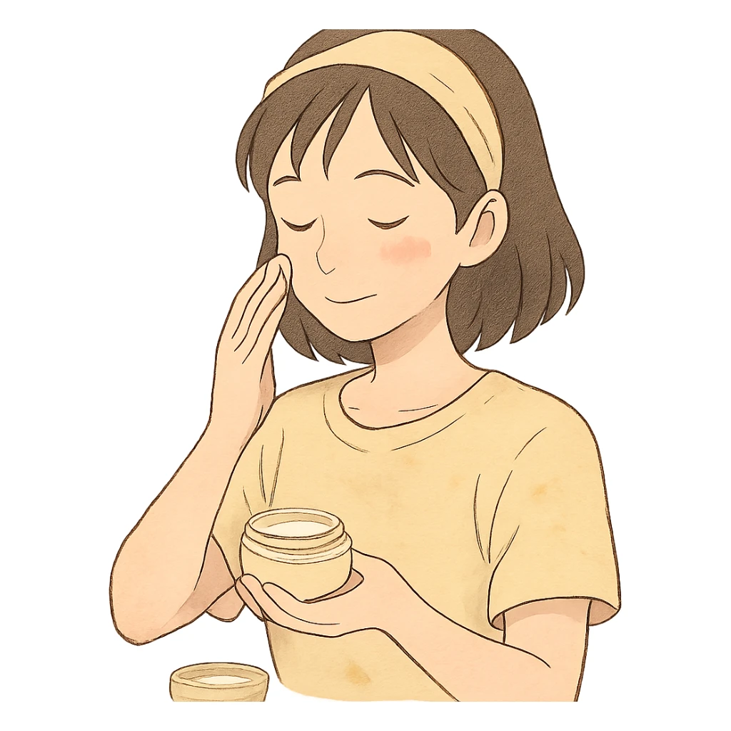 ghibli style girl making skincare, soft colors, gentle expression sticker
