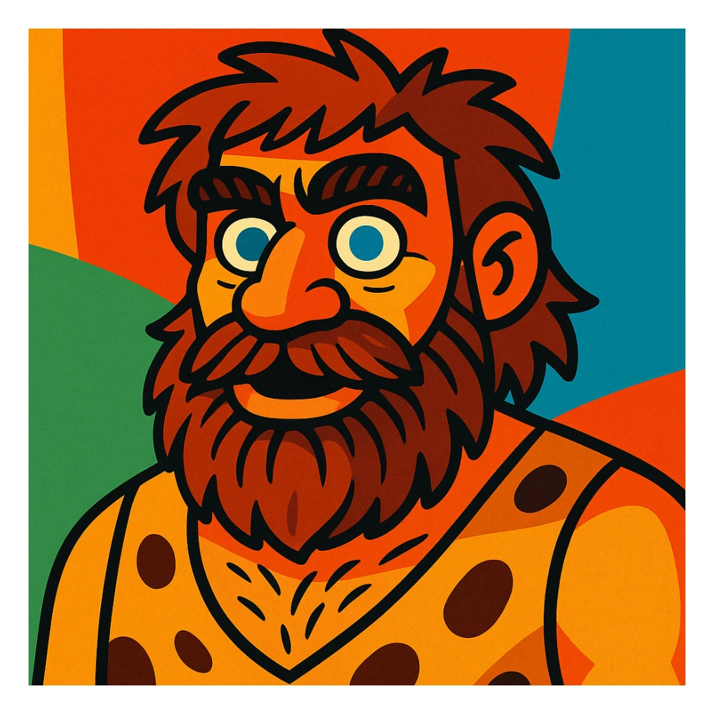 a bearded Neanderthal man with blue eyes, cartoon style, colorful, expressive sticker
