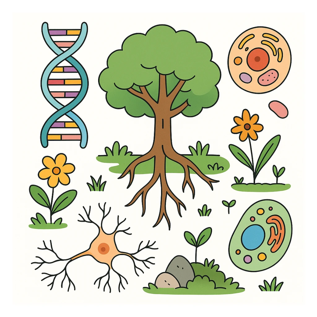 A realistic biological illustration (like in a school book) showing: DNA strands transitioning into a tree, cells with visible organelles, neurons connected to plant roots  and a balanced ecosystem background . Seamless integration, no labels or borders, complete white background (not off white!), detailed but minimalist.  sticker