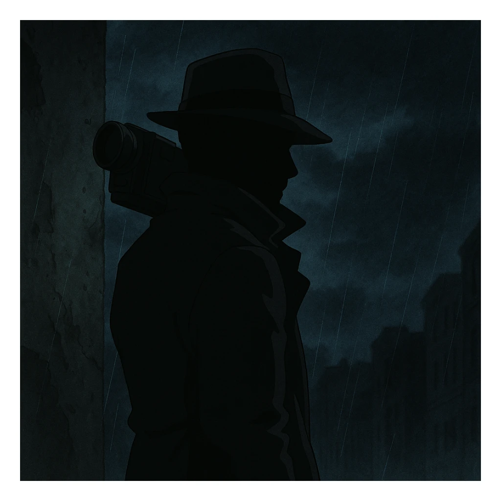 1930s private detective mysterious silhouette, camera on shoulder, dark atmosphere, ghibli style sticker