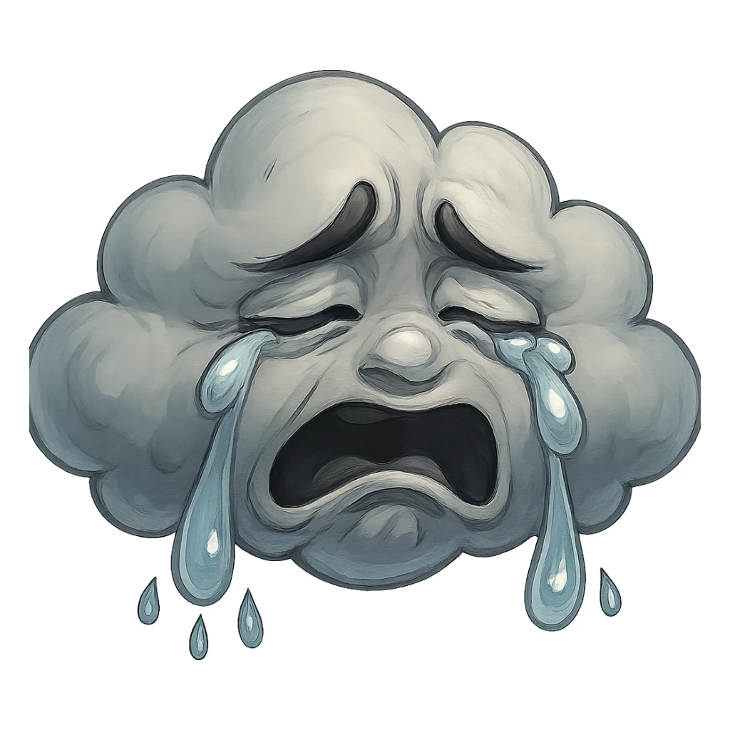 crying cloud with more expressive tears, very emotional, detailed, sad expression, cartoonish face, GPT Image style sticker
