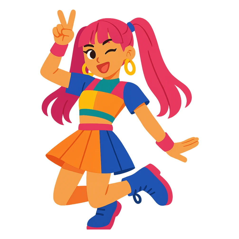 K-pop idol inspired by Blackpink, energetic pose, colorful outfit, playful expression, vibrant toon style sticker