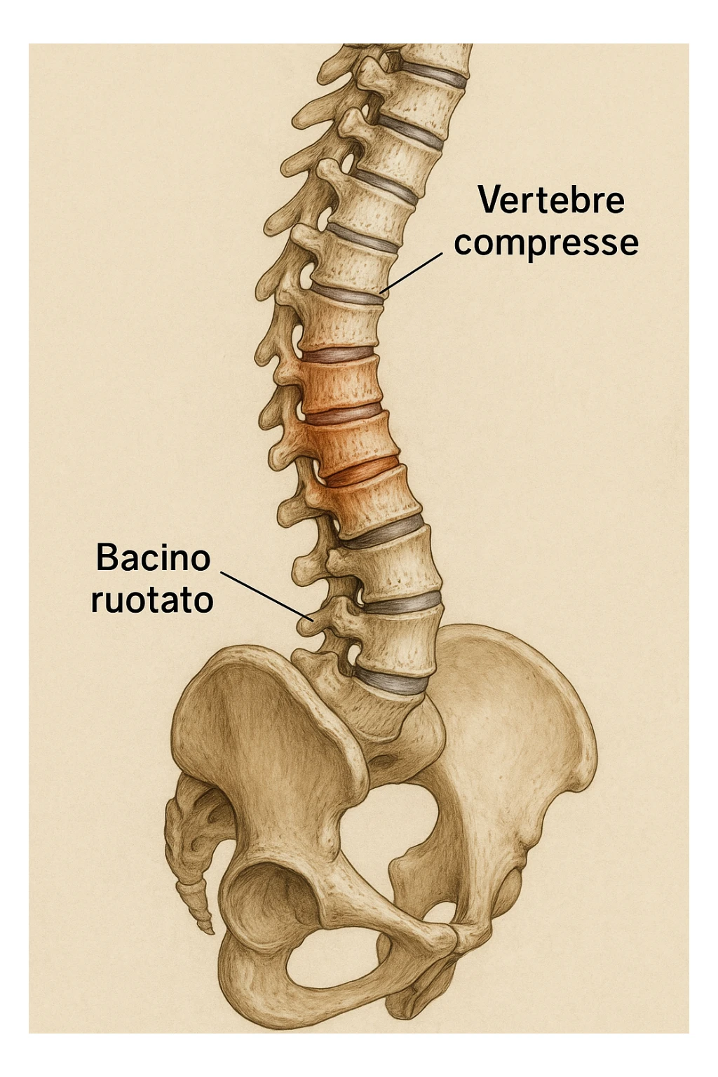 realistic anatomical image, lateral view, only compressed vertebrae highlighted, caused by rotated pelvis, clear anatomical details, Italian captions, aspect ratio 2:3 sticker