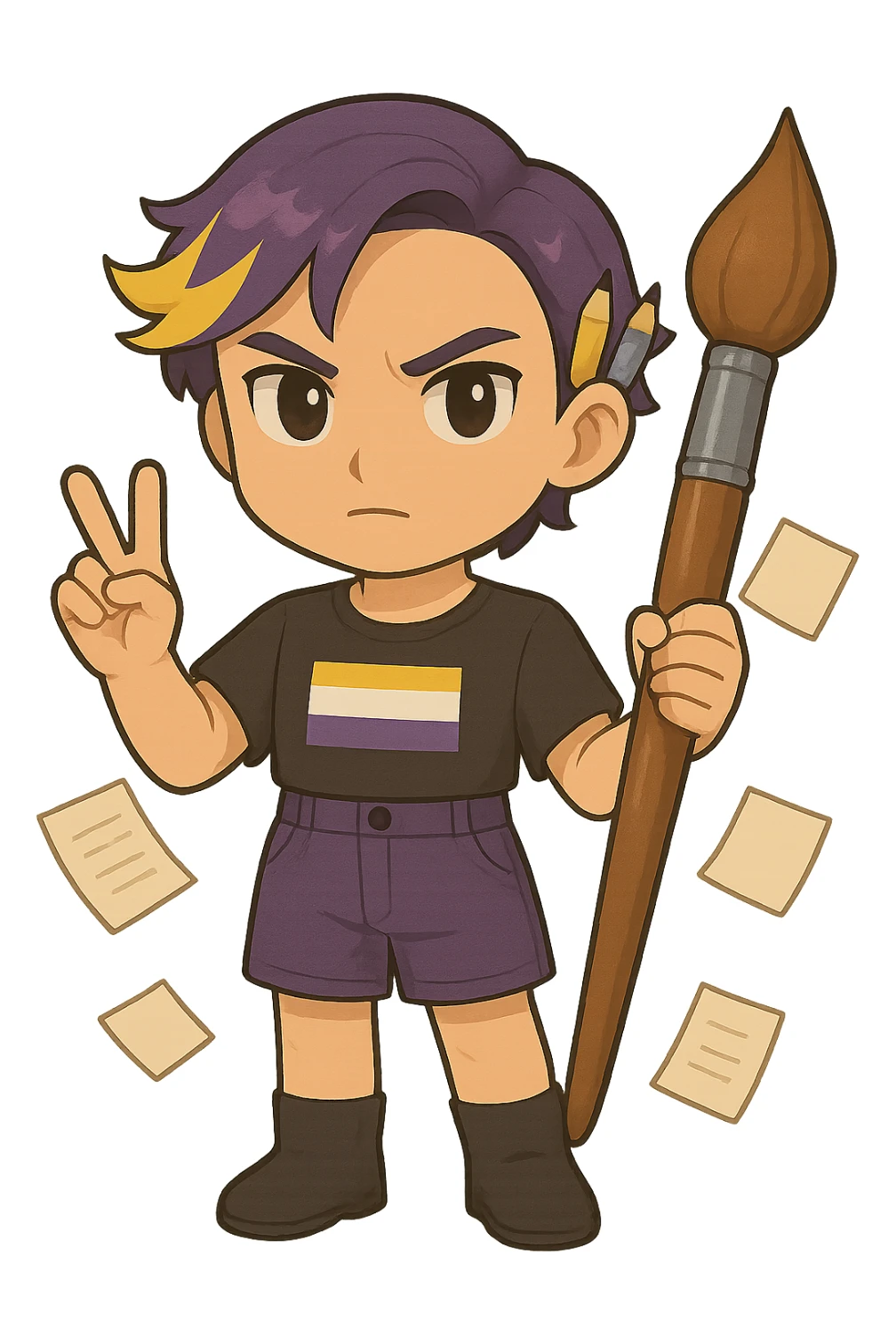 Make this chibi sticker cartoon character more serious and professional, keeping it gender-neutral. Give it a determined look, neater accessories, and a polished appearance. No background. sticker