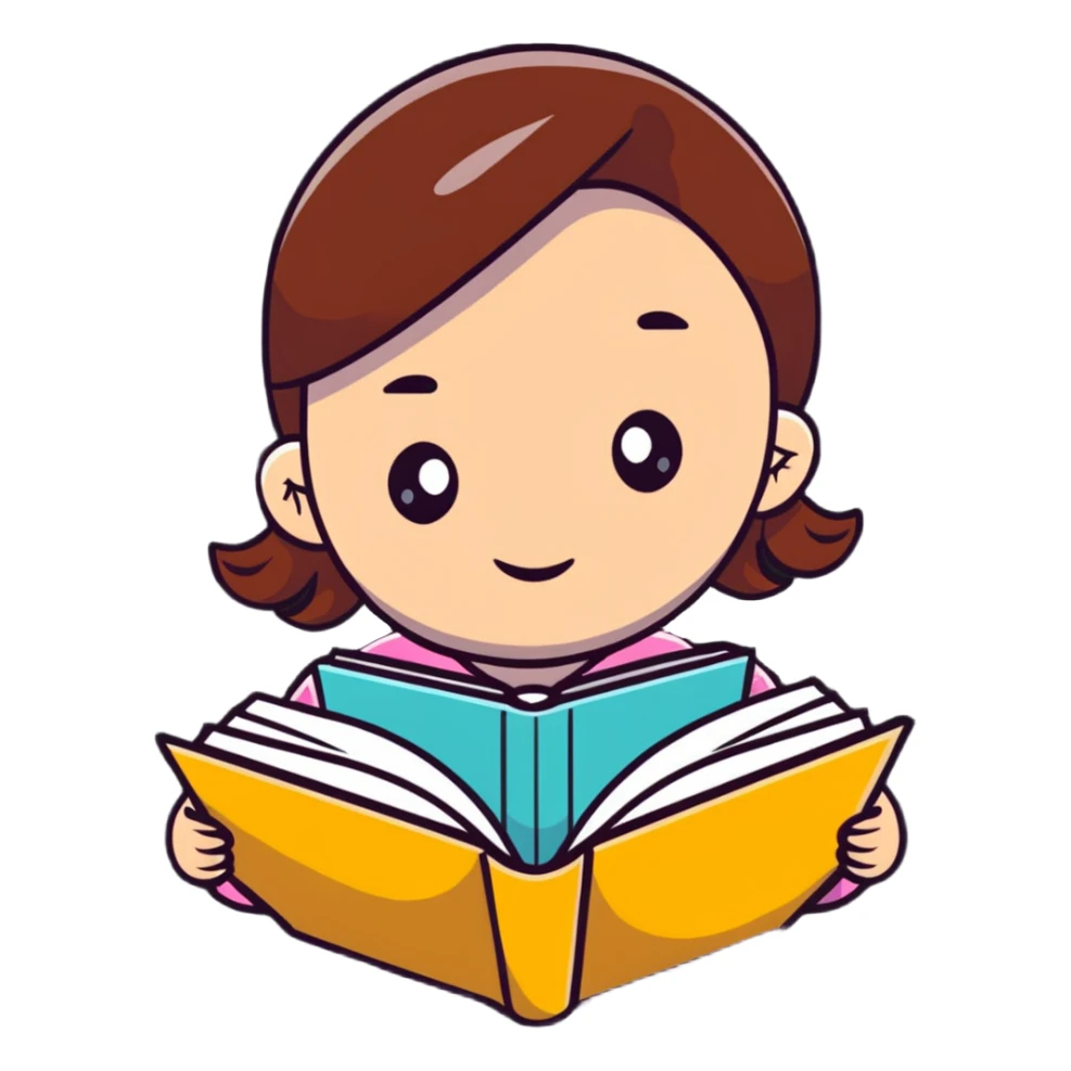 Young girl happily reading a colorful book sticker