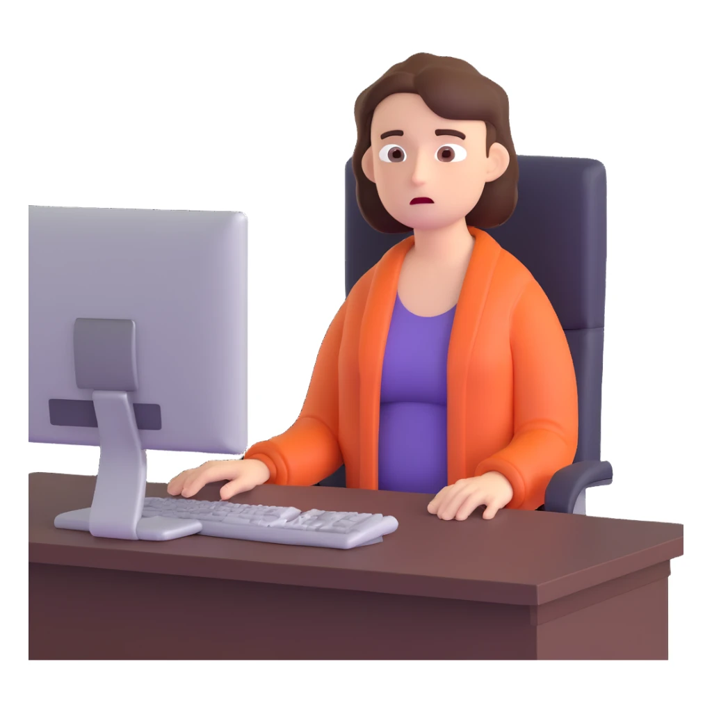person with a shrug and apathetic face, sitting at a computer in an office sticker