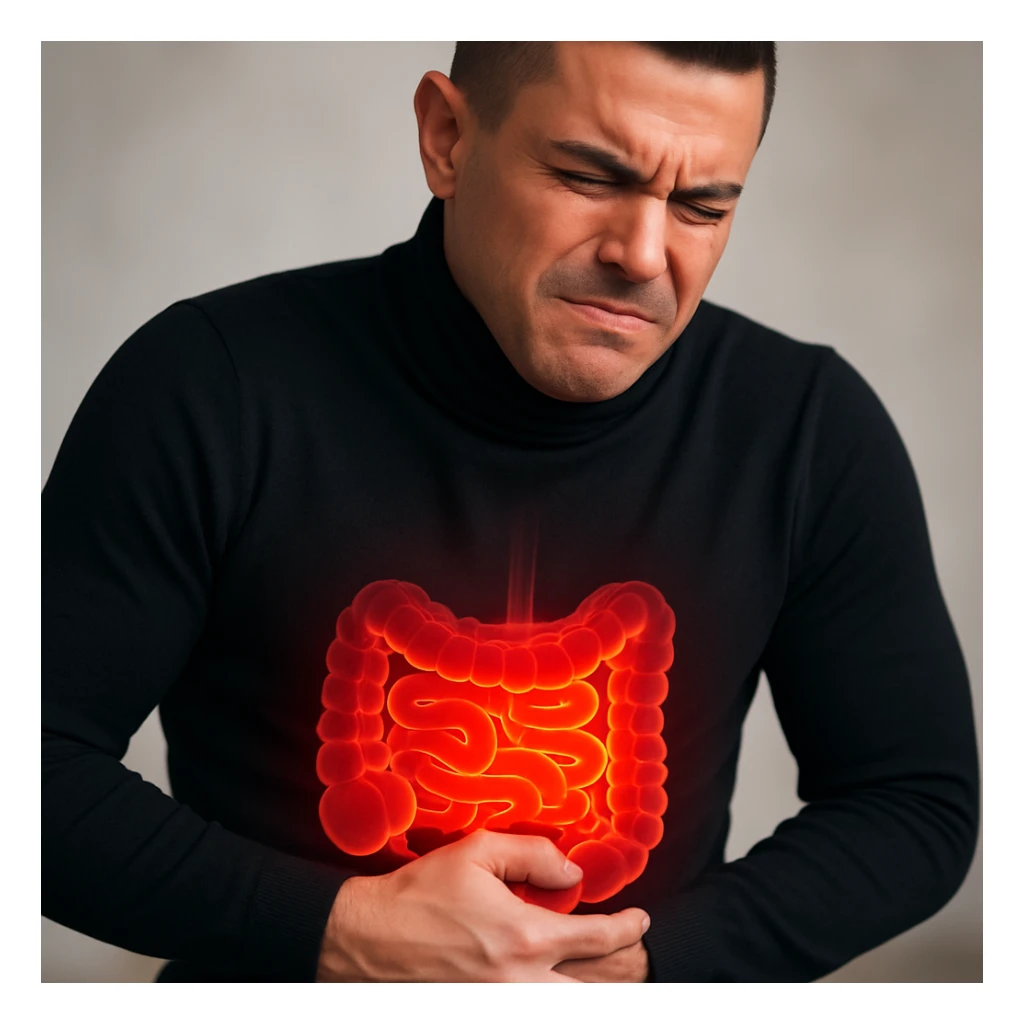 Realistic style image of a man with a curved posture, both hands on the abdomen, expression of strong discomfort, inflamed intestine highlighted. Focus on the abdomen. sticker