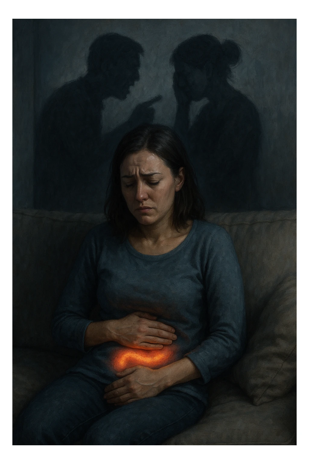 Donna sui 30 anni seduta su un divano, con una mano sull’addome e un'espressione visibilmente provata e triste. Intorno a lei, l’atmosfera è opaca e pesante, con toni freddi. Un’ombra simbolica dietro di lei rappresenta un evento stressante recente (es. un litigio o una perdita). Sul corpo, un lieve bagliore localizzato nella zona intestinale, a simboleggiare il dolore e l'infiammazione. Ambiente domestico, luci basse, emozione visibile. Stile realistico o metaforico con elementi emozionali e viscerali. sticker