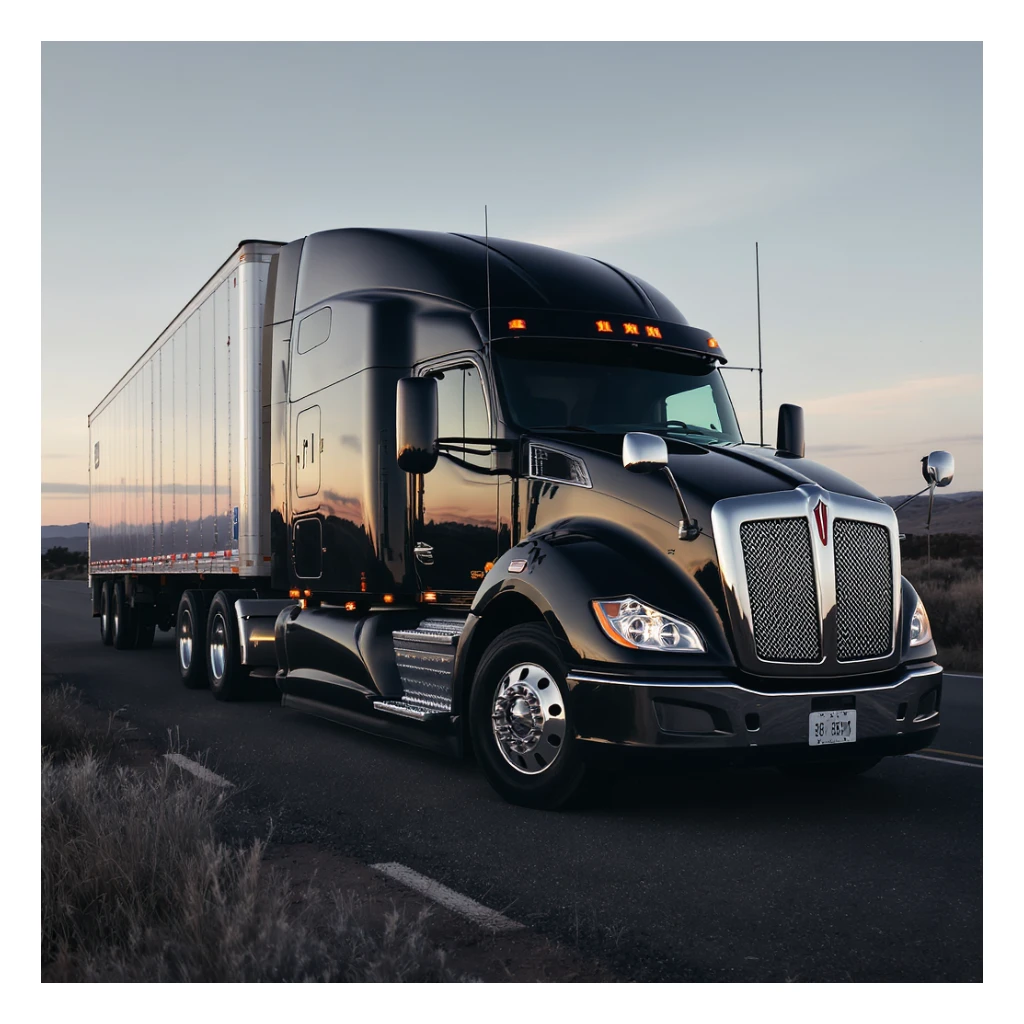 photorealistic black Kenworth T680 Flat Top semi sleeper truck, 2026 model, with chrome stacks, side view, no background sticker