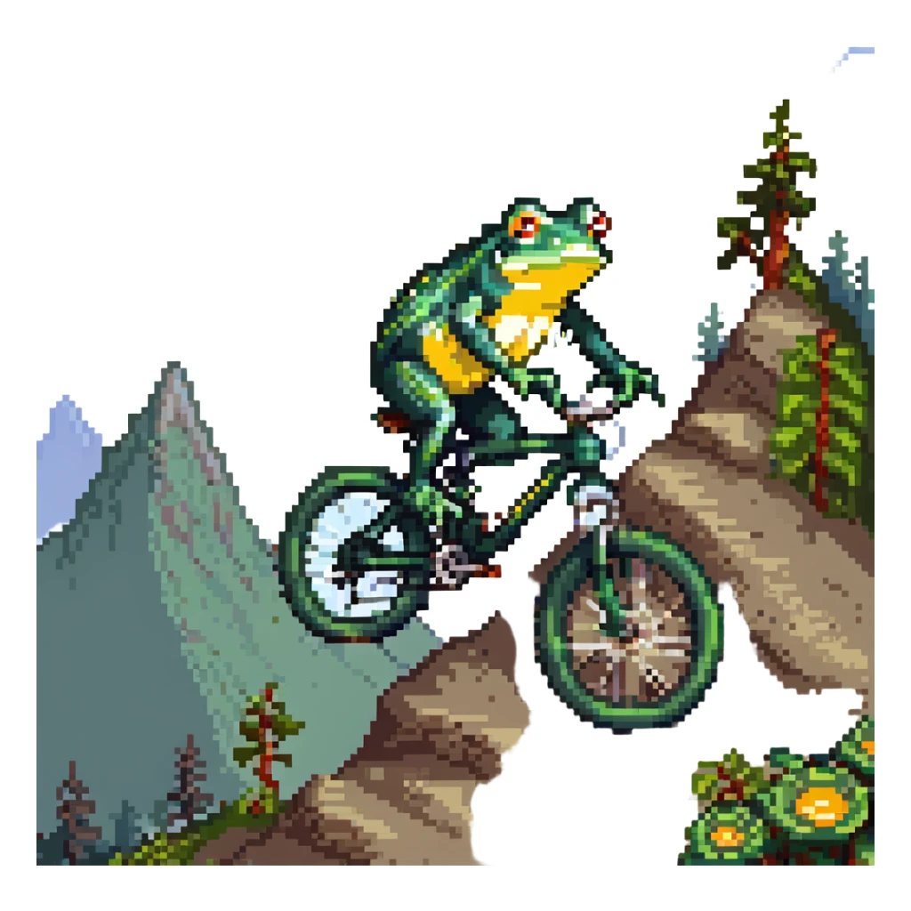 a frog riding a full suspension mountain bike, pixel art style sticker