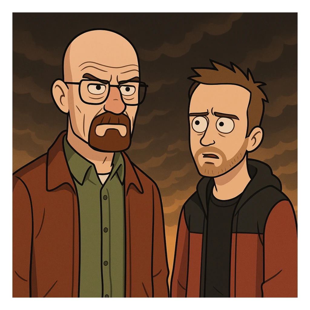 illustration inspired by Breaking Bad, main characters prominently featured, dramatic atmosphere, detailed cartoon style sticker