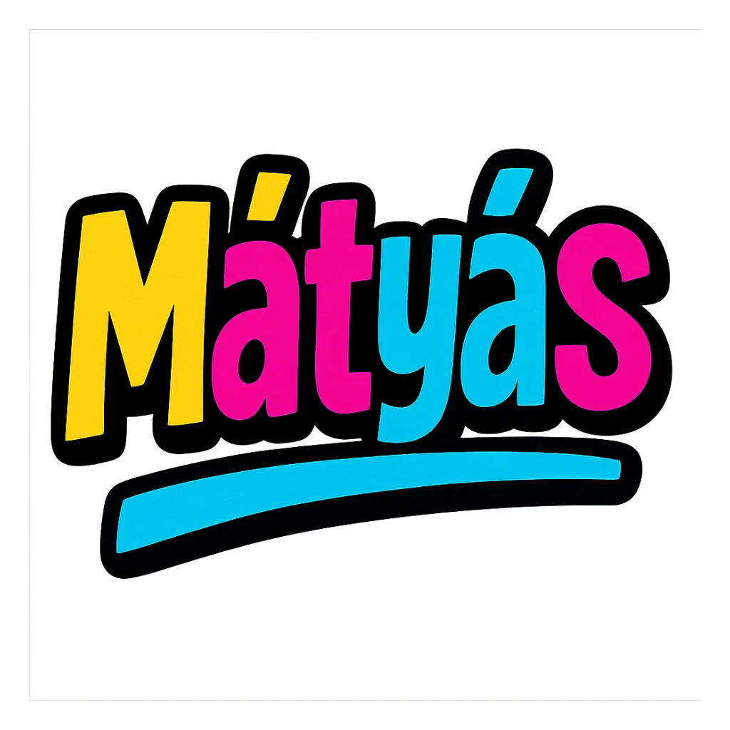 Mátyás name in modern colorful gradient font with dark outline, dynamic slanted or partial underline, transparent background, in the style of reference patterns sticker